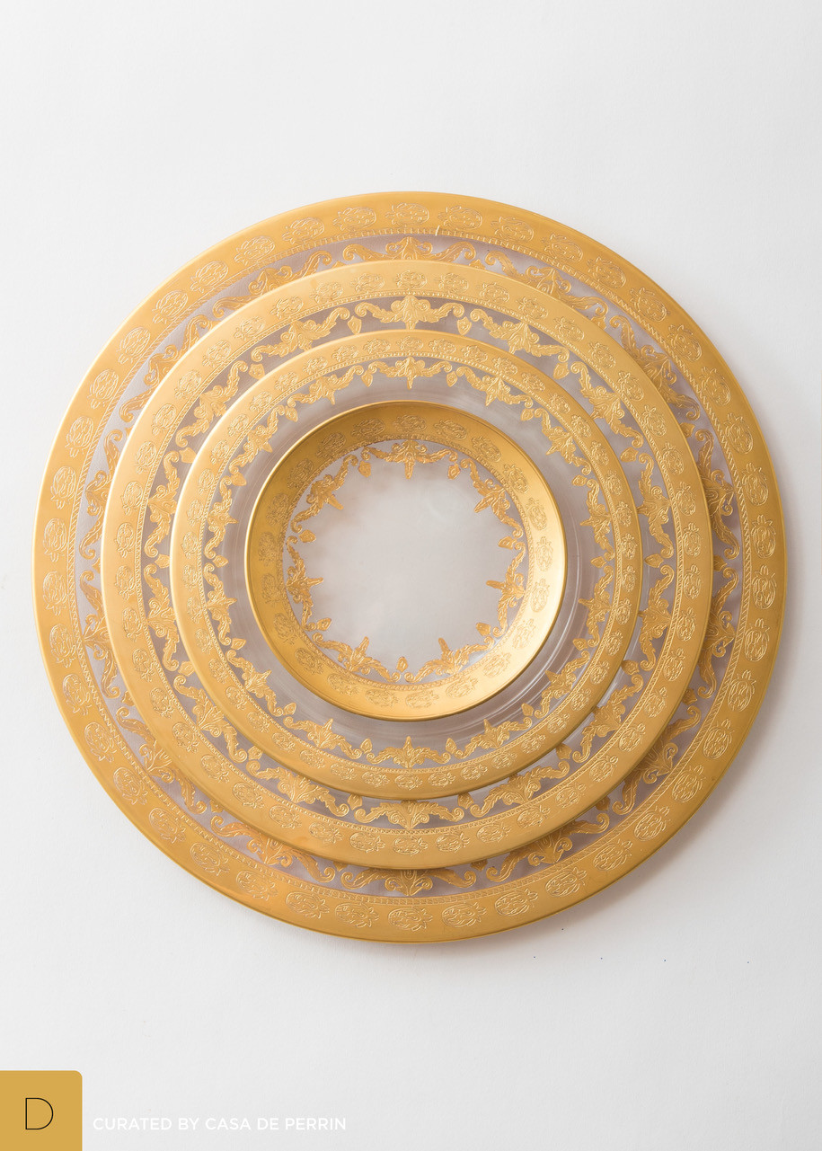 Prato Versailles, vidro gravado (ouro, 24K), feito à mão em Itália, aprox. 160€, Casa de Perrin