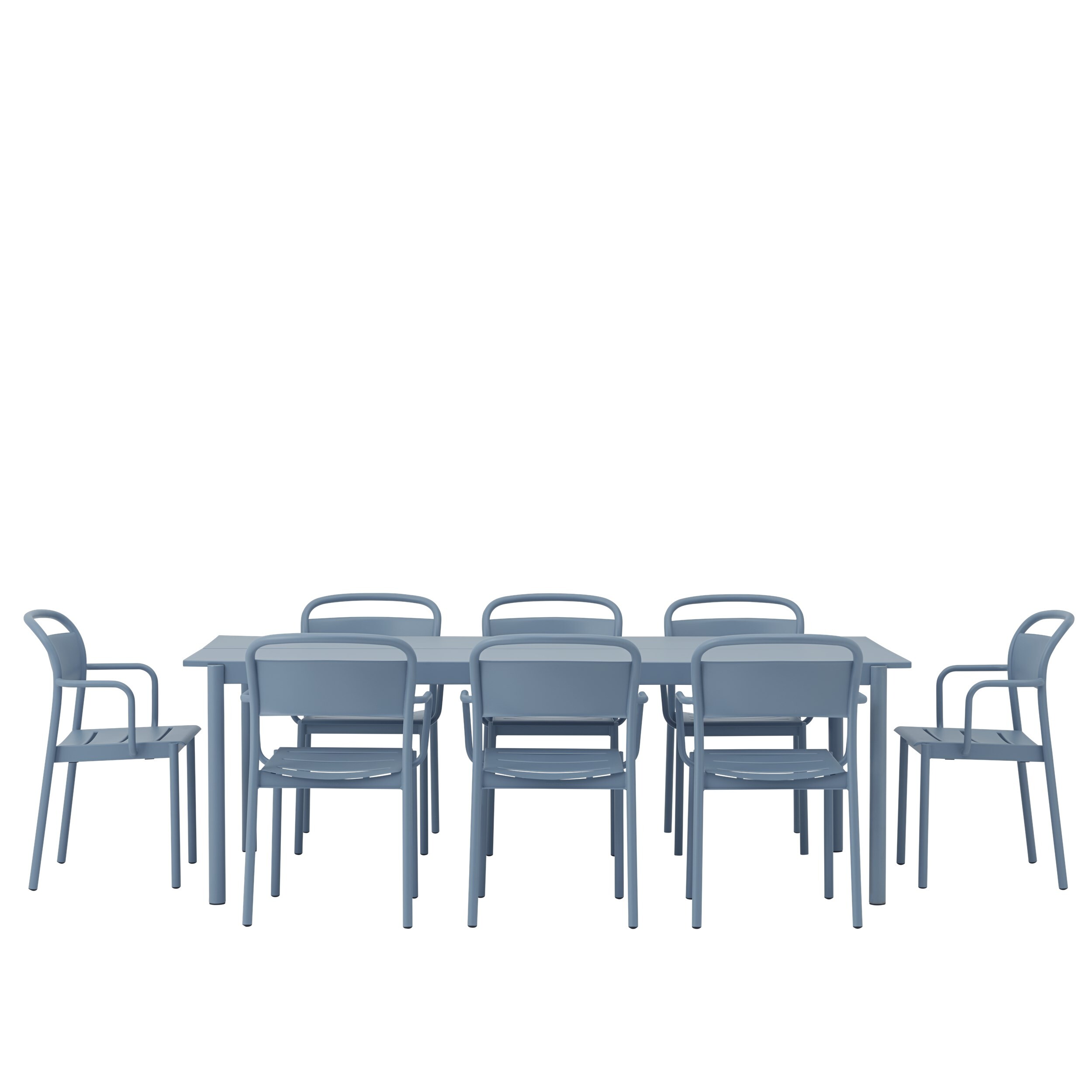 Mesa e cadeiras Linear Steel, com linhas retas e pernas semicirculares que se cruzam, proposta da Muuto